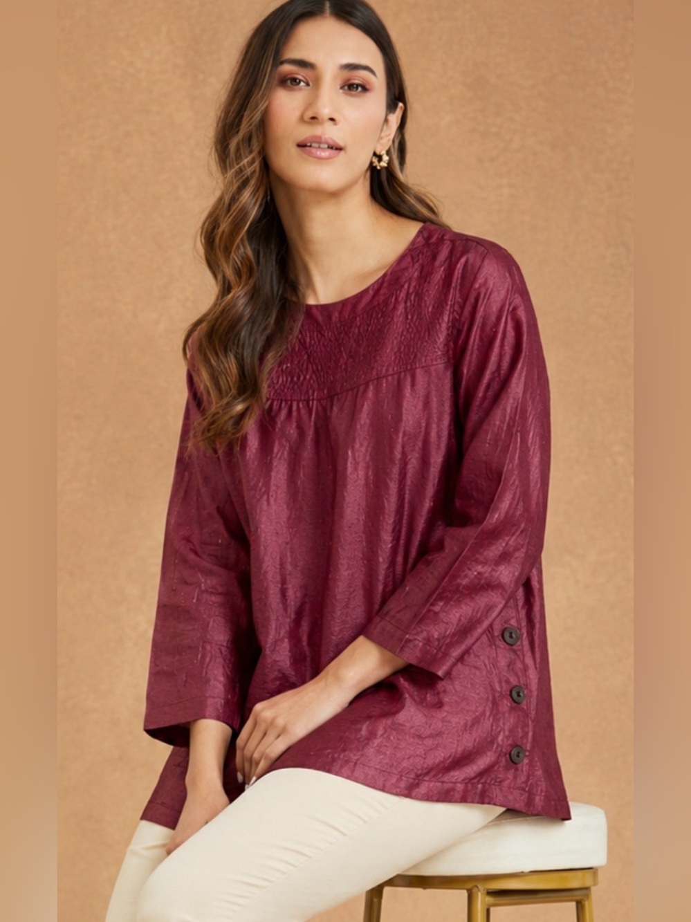 Fabindia Silk Burgundy Tunic Blouse Side Button Long Sleeve Boho Lagenlook Sz XL